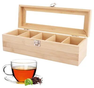 Produktbild von ASelected Teebox 5 Fächer Bambus Klappdeckel Tee Organizer mit Acryl-Glasdeckel