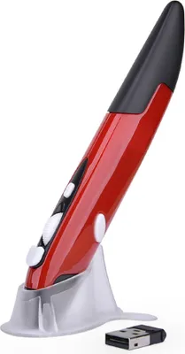 A red pen mouse and its USB receiver are displayed on a white background.