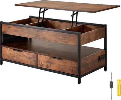 A lift-top coffee table with storage and integrated power outlets.