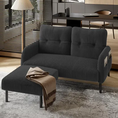 Produktbild von MODFU Modernes Relaxsofa für Zwei Personen,Polstermöbel mit Metallfüße und Seitentaschen,Loungesofa mit optimale Stützwirkung aus Cord,Grau