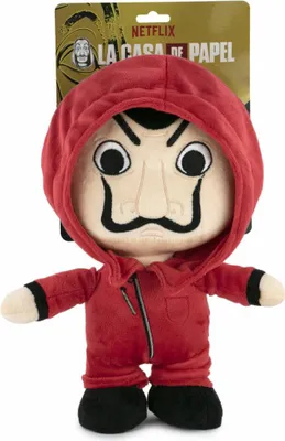 A plush toy of a character from the TV series La Casa De Papel, presented on a white background with its packaging visible.