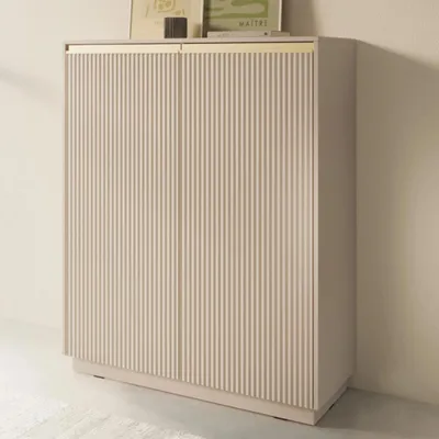 Produktbild von Highboard Loren Kaschmir Beige mit Rillenfronten – 104 cm Breit, 2 Türen, Goldene Griffe, Trendfarbe