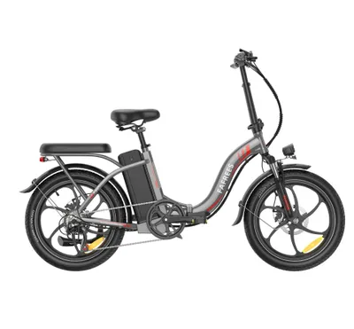 A studio shot of a gray folding electric bicycle against a white background.