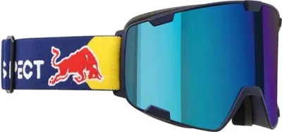 A pair of Red Bull branded ski goggles against a white background.