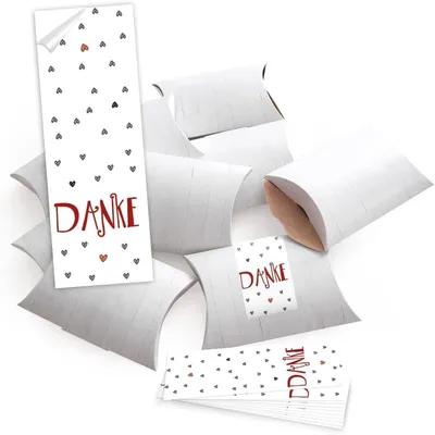 Produktbild von 25 kleine weiße Geschenkboxen Geschenkschachteln Holz Optik 14,5 x 10,5 cm ca. 3 cm + 25 Banderolen 5 x 15 cm DANKE rot graue HERZEN Verpackung Geschenk Hochzeits-Deko Geburtstag