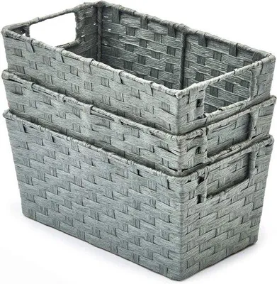 Produktbild von Unyqoos® Aufbewahrungskörbe Set (3) – geflochtene Papierseil-Körbe mit Metallrahmen, Aufbewahrungsbox für Accessoires & Kosmetik, 30 x 17 x 14 cm, Grau