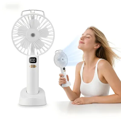 Produktbild von USB Ventilator 2-in-1 Hand- und Tischventilator mit Sprühnebel, 6 Stufen, LED Display, 4000mAh Akku, tragbar für Büro, Zuhause & Reise