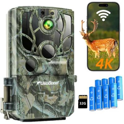 Produktbild von Usogood Wildkamera mit Handyübertragung App 4K Wildkamera Wlan mit Bewegungsmelder Nachtsicht Wasserdicht 0,5S Auslösen Inklu 32GB 8 AA-Batterien