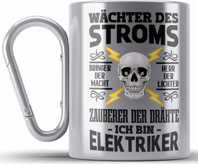 Produktbild von Trendation - Elektriker Edelstahl Tasse Karabiner Spruch für Männer Geschenk Lustig Gadget Geschenke Kaffeebecher (Silber)