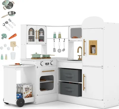 Produktbild von GOPLUS Kinderküche, Spielküche mit Licht & Sound, ausziehbarem Wagen, Stoffkörben, Kühlschrank, Zubehör, Spielzeugküche für Kinder ab 3 Jahren (Weiß)