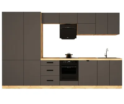 Produktbild von Küchenzeile 360 cm mit Hochschrank Kühlumbauschrank Küchenblock Ohne Arbeitsplatte Einbauküche Küchenzeile, Langen KL19-M360, Grau/Matt