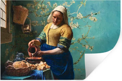 Produktbild von MuchoWow® Wandtattoo Wandsticker Wandaufkleber Milchmädchen - Mandelblüte - Van Gogh - Vermeer - Gemälde - Alte Meister 30x20 cm Selbstklebend und Repositionierbar - Wierderverwendbar - Selbstklebend