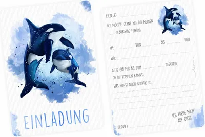 Produktbild von 10 Einladungskarten Orca blau/ weiß mit GLITZER inkl. 10 Briefumschlägen