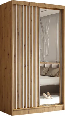 Produktbild von Masseno Schiebetürenschrank LAMELLO 120 cm Kleiderschrank Schlafzimmer Schrank 2-türig mit Spiegel und Lamellen Eiche Artisan