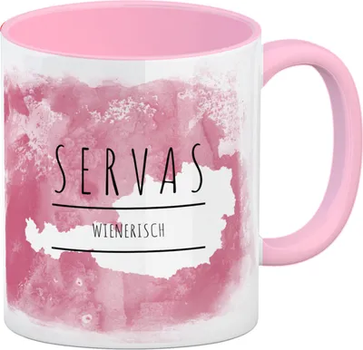 Produktbild von Hallo auf Wienerisch Servas lustiger Kaffeebecher Rosa mit rosaem Hintergrund