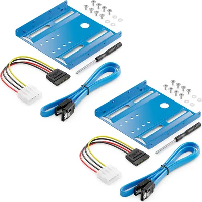 Produktbild von deleyCON 2x Einbaurahmen für 2,5" Festplatten SSD's auf 3,5" Adapter Wechselrahmen Mounting Frame Halterung Schienen inkl. Schrauben Stromadapter SATA Kabel & Schraubendreher - Blau