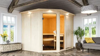 Produktbild von Elementsauna Karibu Siona 3 ohne Ofen mit Dachkranz und bronzierter Ganzglastüre
