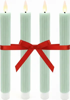 Produktbild von Relaxdays LED Stabkerzen, 4er Set, HxD: 25 x 2 cm, flackernde Flamme, Echtwachs, Rillen, flammenlose Kerzen, salbei