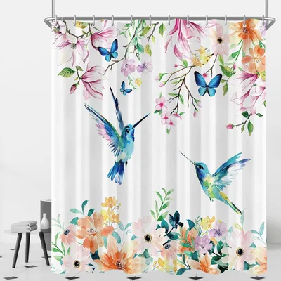 Produktbild von Duschvorhang 120x200 cm Rosa Blumen Vogel Textil Wasserabweisend Waschbar mit Ringen