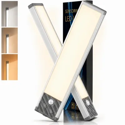 Produktbild von 2er-Set LED-Unterbauleuchten, 23 cm Schrankleuchten mit Bewegungsmelder, USB-C wiederaufladbar, 3 Lichtfarben, 3 Helligkeitsstufen, kabellos, Silber