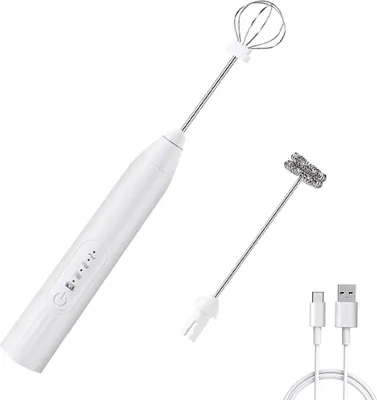 A white handheld electric milk frother with two attachments and a USB charging cable, displayed on a white background.