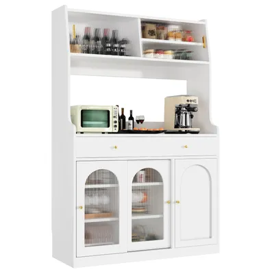 Produktbild von Flieks Hochschrank mit LED und Glasschiebetüren, Aufbewahrungsschrank 120x40x180 cm, Küchenbuffet mit Verstellbaren Ablagen, weiß