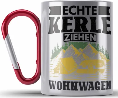 Produktbild von Trendation - Echte Kerle Ziehen Wohnwagen Wohnmobil Edelstahl Tasse Karabiner Geschenk Camper Wohnmobilfahrer Geschenkidee Lustig (Rot)