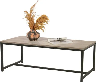 Productafbeelding van Salontafel in industriële stijl uit de RANONG-collectie - Licht eiken kleur met zwart metalen poten, afmetingen 100x50x36 cm