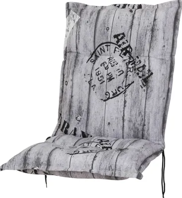 A chair cushion with a wood grain pattern and stamp-like graphics.