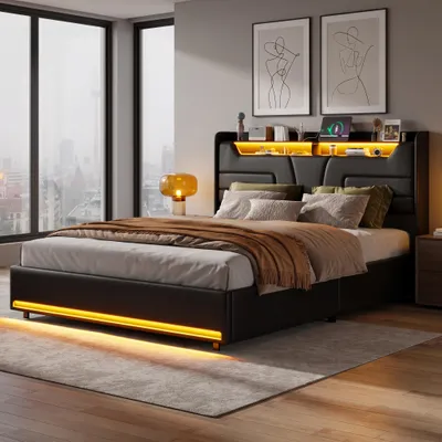 Produktbild von INONEFT Polsterbett 140x190cm mit Stauraum, Jugendbett Doppelbett mit USB Ladefunktion und LED, Hydraulisch Stauraumbett mit Lattenrost, PU, Schwarz