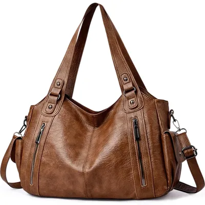 Imagen del producto de Elzusha - Bolso grande tipo "shopper" de cuero sintético (PU) en color marrón, ideal para el trabajo y las compras
