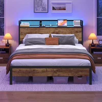 A bedroom scene featuring a bed with LED lighting and a headboard with storage.