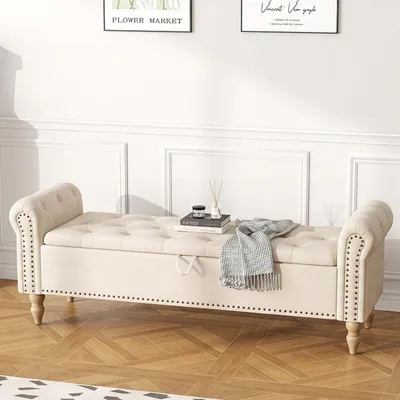 Image de Banc de rangement de 160 cm, blanc, en velours, servant à la fois de banc et de repose-pieds