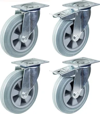 Produktbild von 200mm 8" Rolle grau gummibereift, drehbar und bremsbar, 820kg Tragkraft, 4er Set