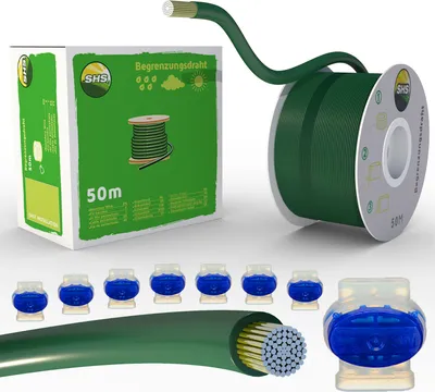 A product shot of a spool of green wire, a box of the same wire, and several wire connectors.