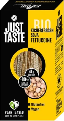 A product box for Just Taste Kichererbsen Fettuccine.