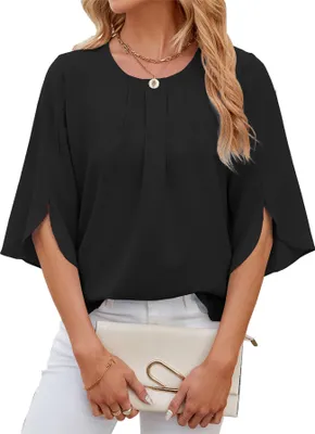 Produktbild von ASKSA Damen Bluse 3/4 aermel Plissee Rundhals Chiffon Sommer Shirts Oberteile Lose Flowy Tops, Schwarz, Groesse: XL