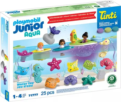 The image shows the packaging of a Playmobil Junior Aqua bath toy advent calendar, featuring various aquatic toys and figures.