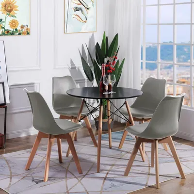 Image de Ensemble de table et de chaises pour salle à manger, de couleur noire, comprenant 4 chaises grises, idéal pour une salle à manger, une cuisine ou un salon