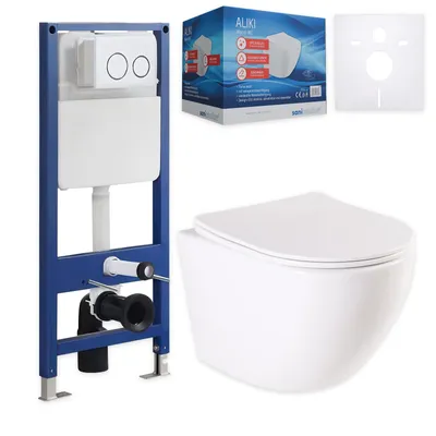 Produktbild von sanicomfort Wand-WC Aliki spülrandlos Set mit Vorwandelement, Schallschutz-Set und Betätigungsplatte rund