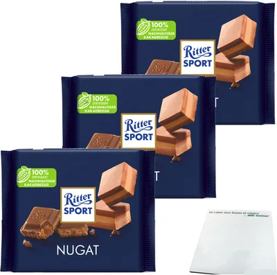 Produktbild von Ritter Sport Nugat Vollmilchschokolade mit Nugat Füllung 3er Pack (3x100g Tafel) + usy Block