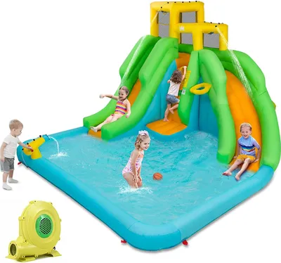 Produktbild von Aufblasbar Wasserpark mit Doppelrutsche, Kletterwand & Planschbecken, 400 x 360 x 255 cm Hüpfburg für Kinder 3-10 Jahre, Wasserrutsche für Garten, Hinterhof & Park (mit Gebläse)