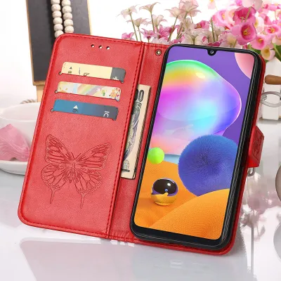 Produktbild von Galaxy A21S Hülle, Schmetterling Prägung Flip Leder Kartenfächer Schutzhülle Ledertasche mit Ständer für Samsung Galaxy A21S Rot