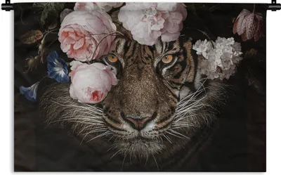 Produktbild von MuchoWow® Wandteppich Wandbehang Tiger - Blumen - Porträt 60x40 cm Tapisserie Dekoration Wandtuch - Wanddekorationen
