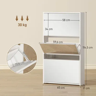 Image de Armoire à chaussures - Meuble à chaussures étroit avec miroir - 3 portes - Pour 9 paires de chaussures - 65 x 17 x 114,5 cm - Mélamine - Bois naturel