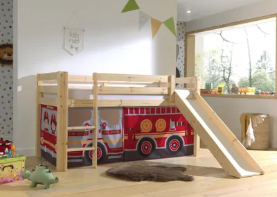 Image de Vipack Lit mi-hauteur PINO, avec toboggan et set textile "FIRE RESCUE", finition en pin massif verni naturel