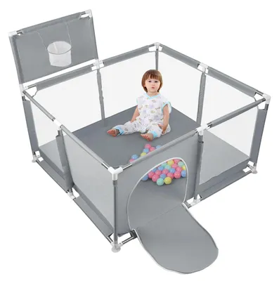 Produktbild von Baby Laufstall - Großes Kinderlaufgitter 180 x 120 cm - Mit Sicherheitsgitter - Faltbar mit Reißverschluss-Tür - 50 Bälle, Basketballkorb & 8 Saugnäpfe - Dunkelgrau