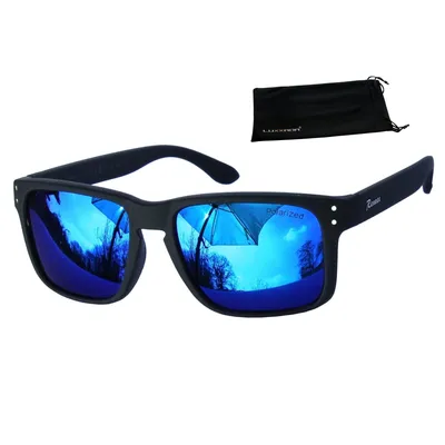 Produktbild von Hochwertige Herren Sonnenbrille Polarisiert Blau Verspiegelt Schwarz Matt Rechteckig in Rubber Haptik Motorsport Rennec