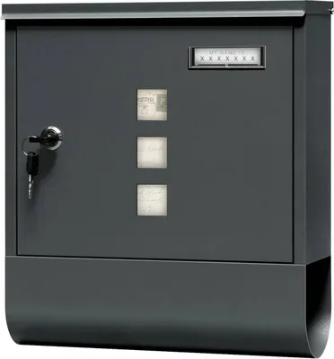 A dark gray mailbox with a newspaper compartment and a key lock.