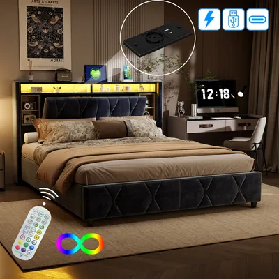 Produktbild von CDGlobal Polsterbett 160x200 cm, Doppelbett mit Stauraum und Lattenrost, LED Kopfteil mit Staufach und USB Ladefunktion, Hydraulisch Stauraumbett Funktionsbetten Rückenlehne Bettgestell, Grau